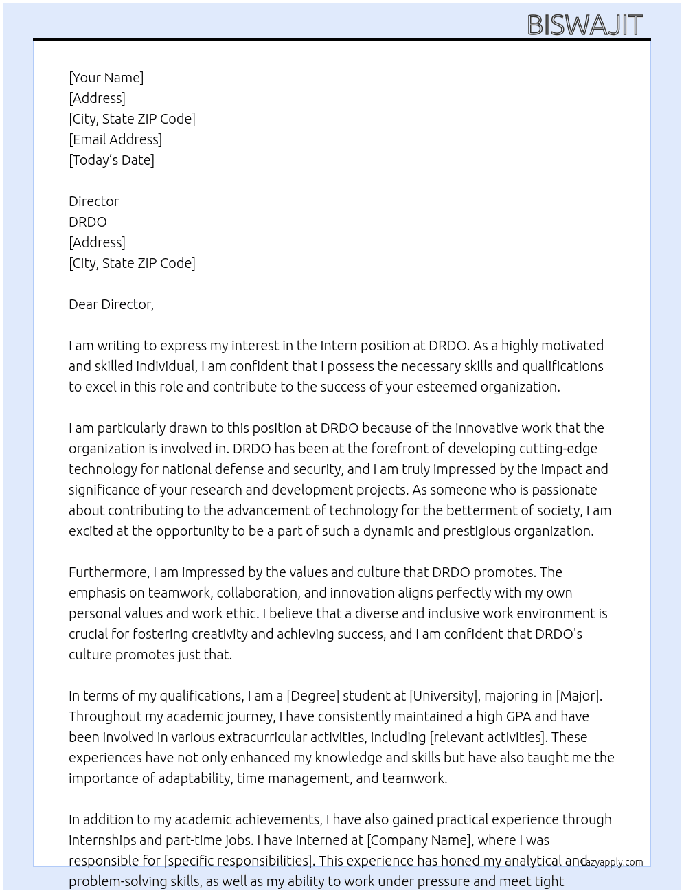 Intern At DRDO Cover Letter