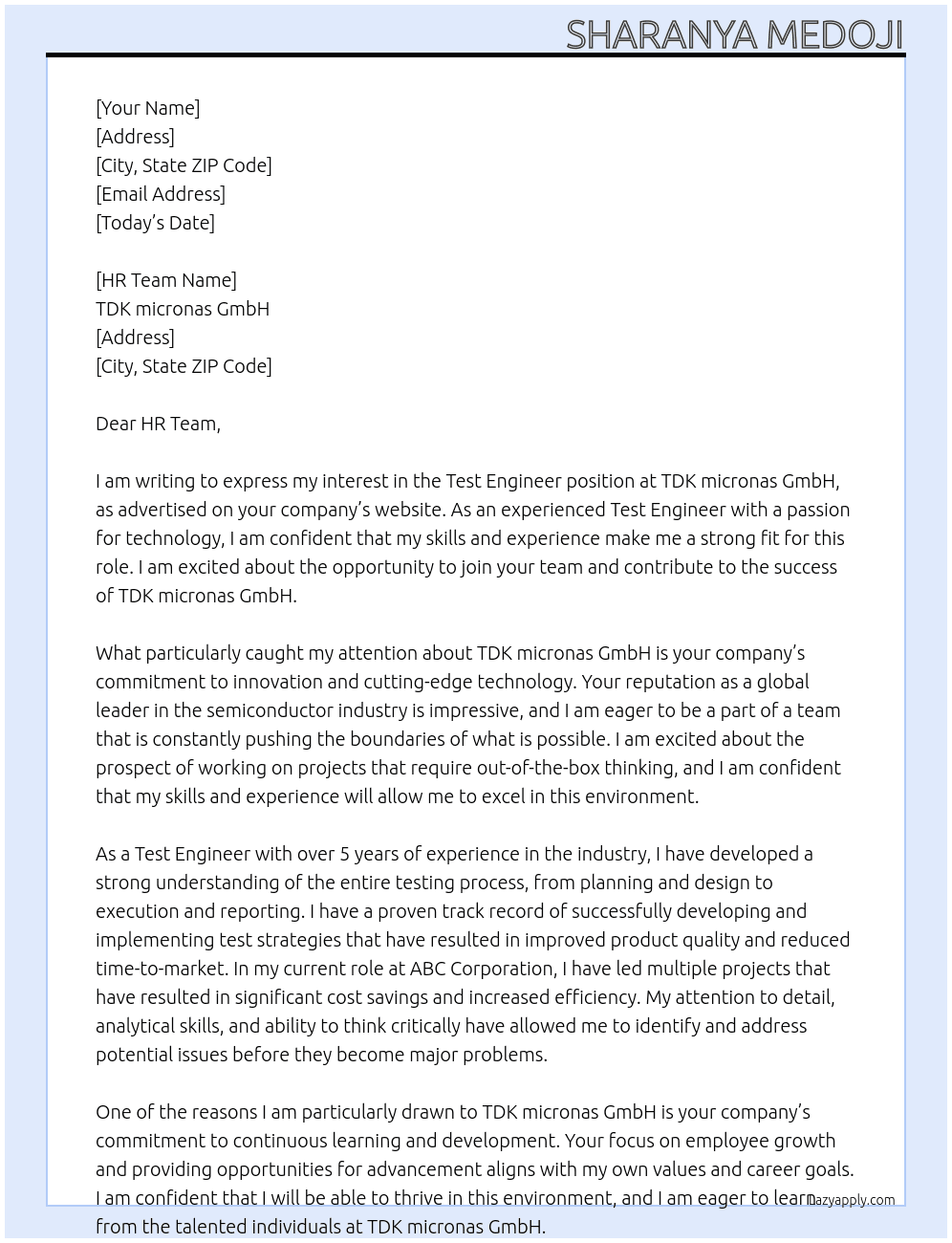 Test Engineer At TDK micronas GmbH Cover Letter
