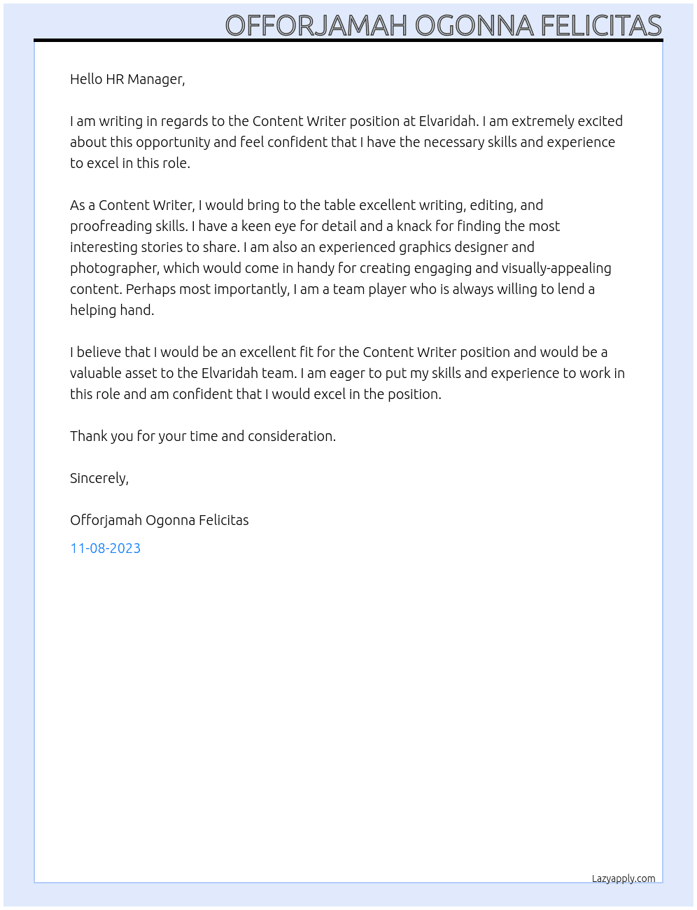 Content Writer At Elvaridah Cover Letter