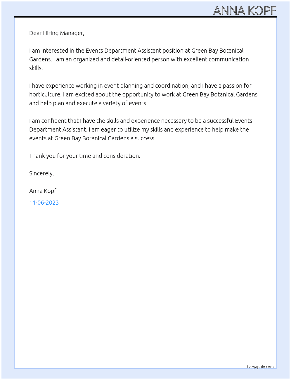 Events Department Assistant At Green Bay Botanical Gardens Cover Letter