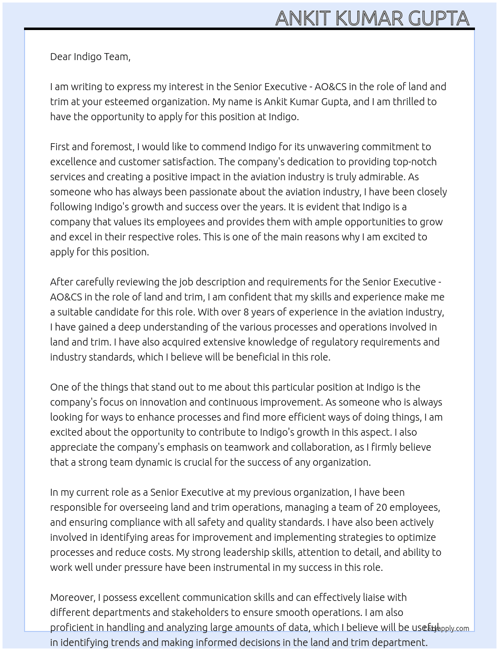 Cover letter for senior executive - ao&cs in the role of land and trim - LazyApply