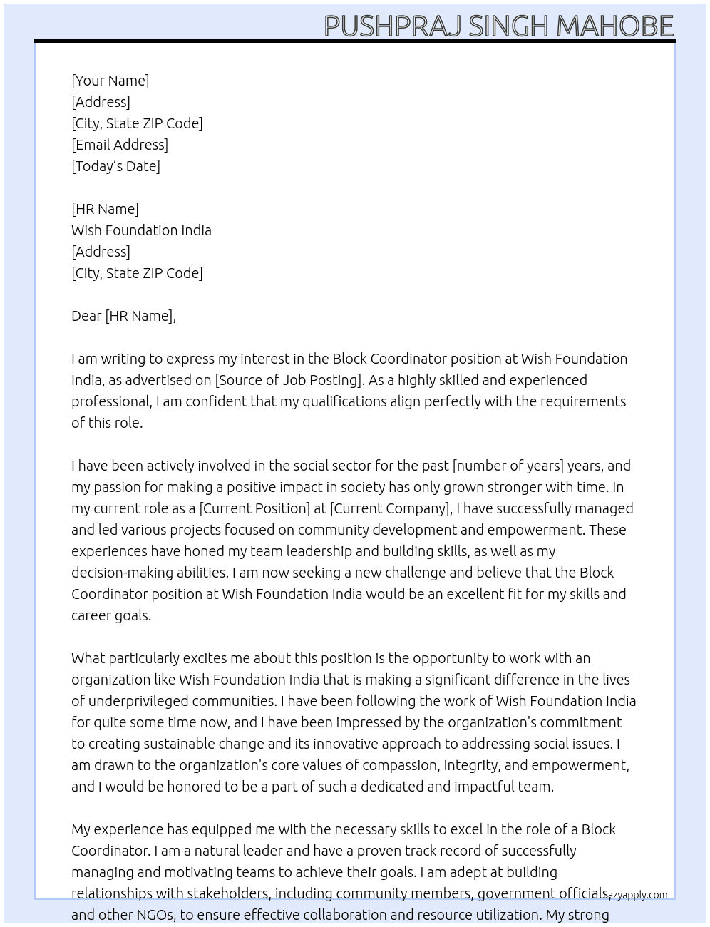 block coordinator At wish foundation india Cover Letter