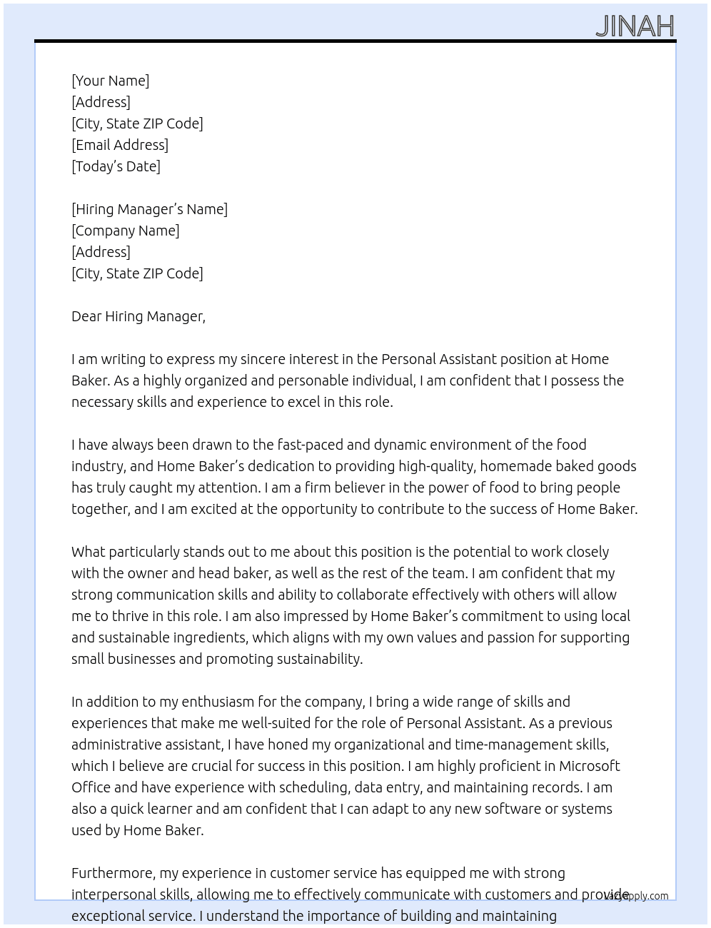 Personal Assistant  At Home Baker Cover Letter