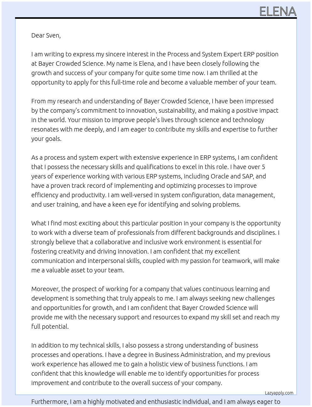 Process and system expert erp At Bayer crowded science Cover Letter