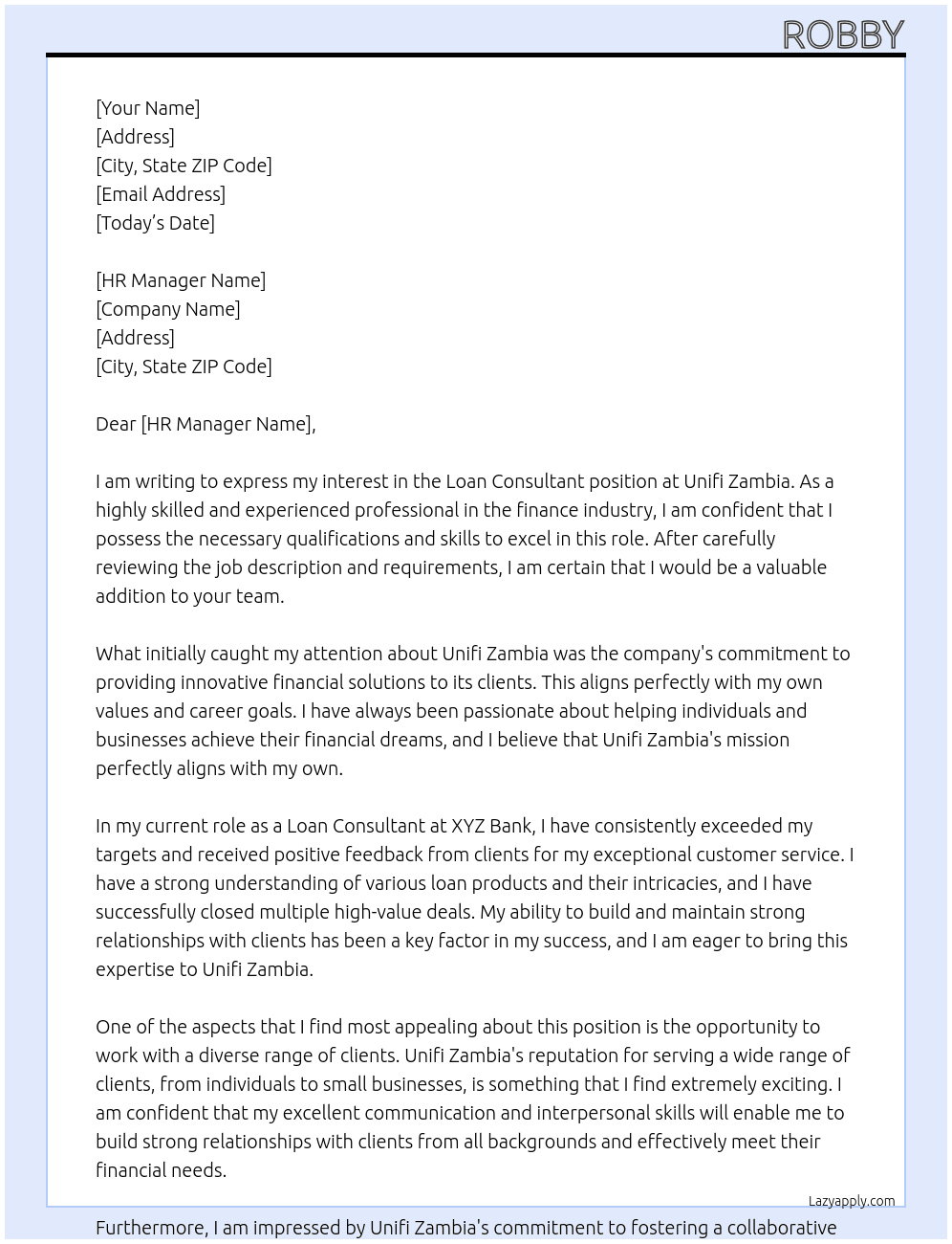 loan consultant At unifi zambia Cover Letter