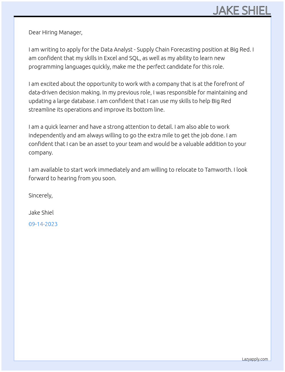 Data Analyst - Supply Chain Forecasting At Big Red Cover Letter
