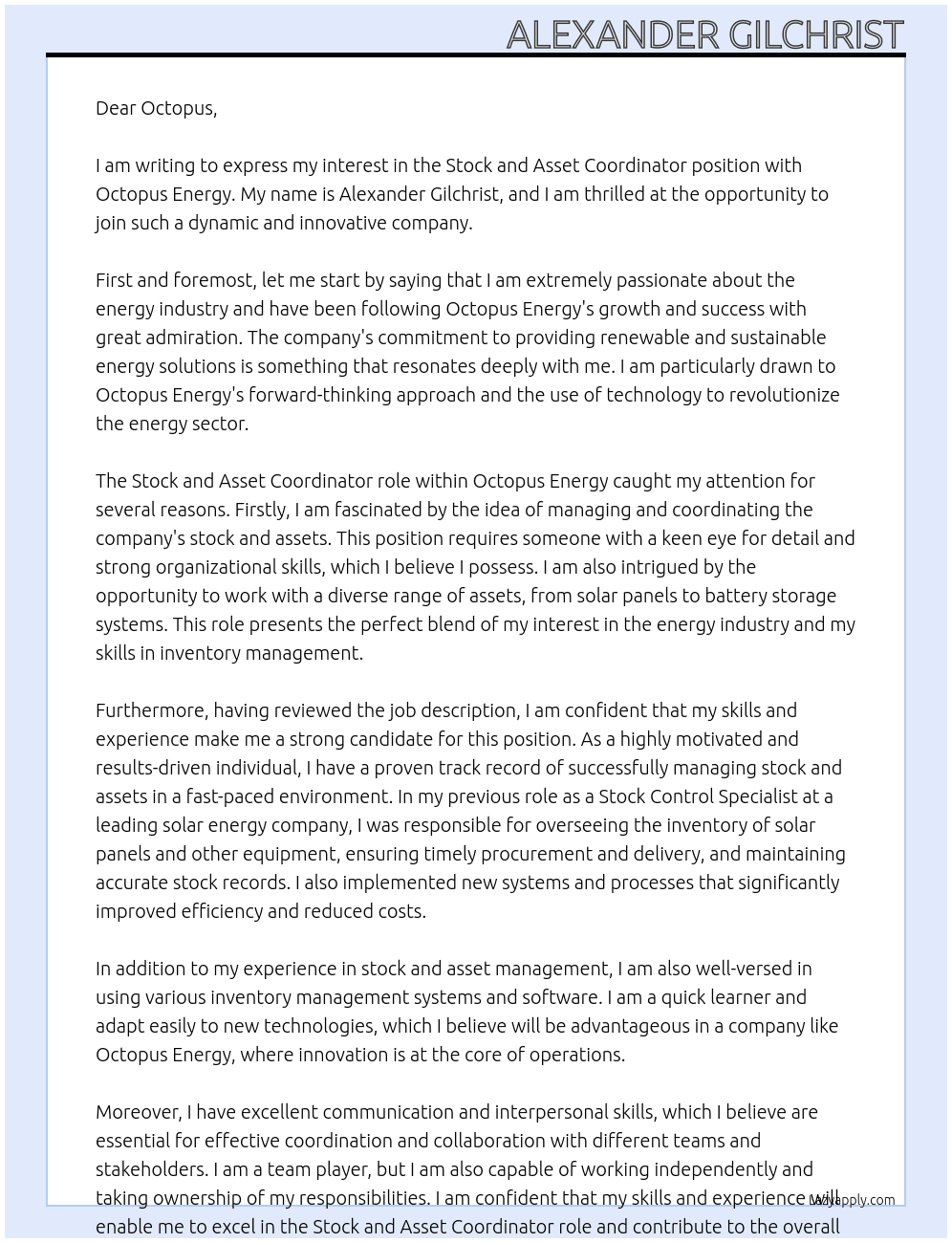 Stock and Asset Coordinator  At Octopus Energy Cover Letter