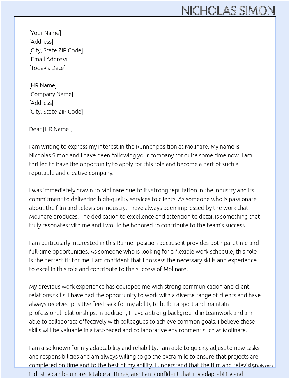 Runner At Molinare Cover Letter