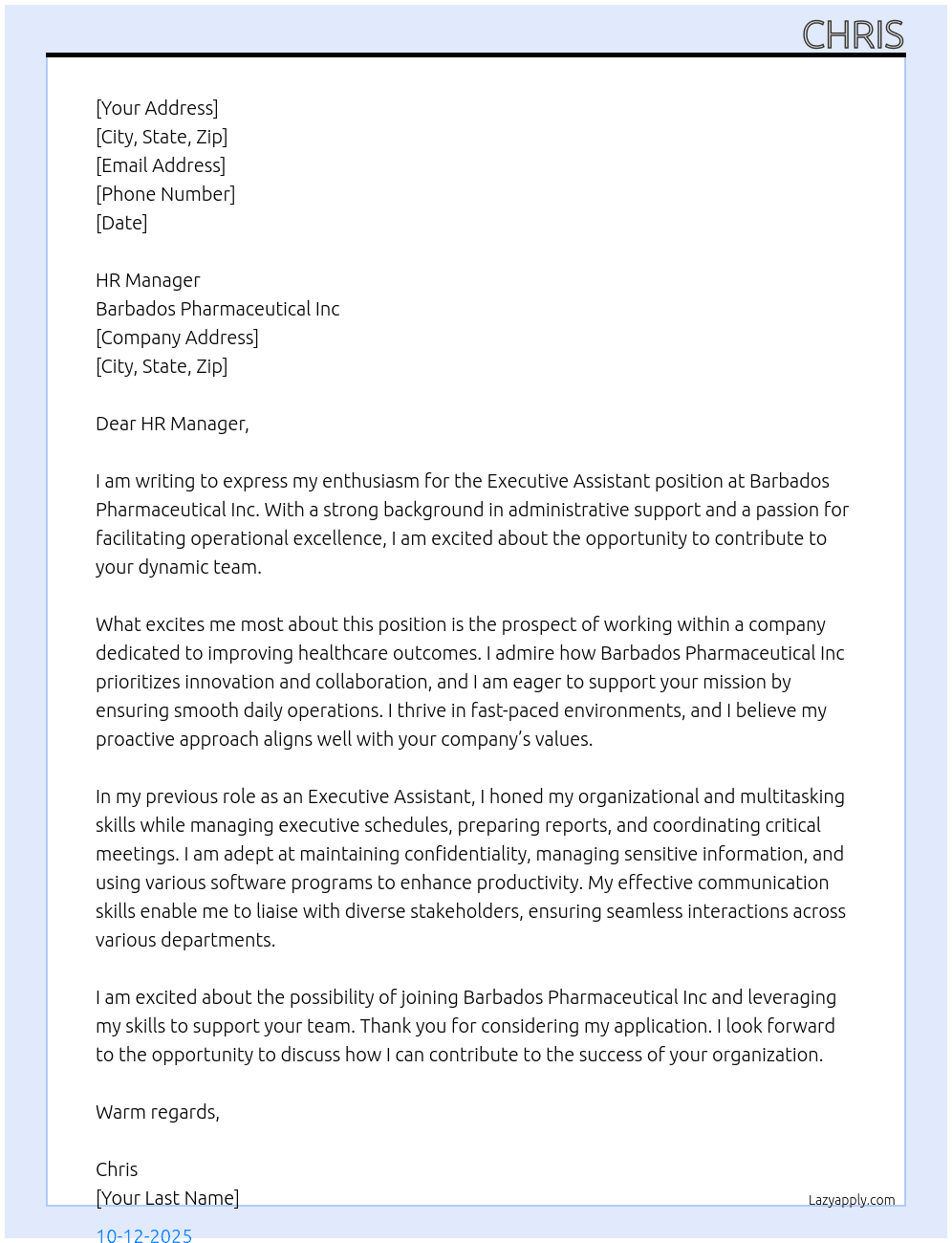 Executive assistant At Barbados Pharmaceutical Inc Cover Letter
