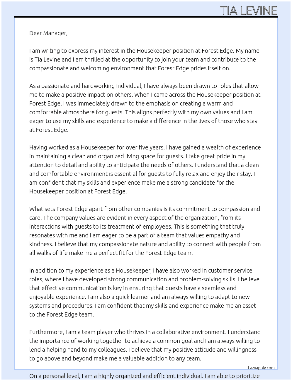 Housekeeper At Forest Edge Cover Letter