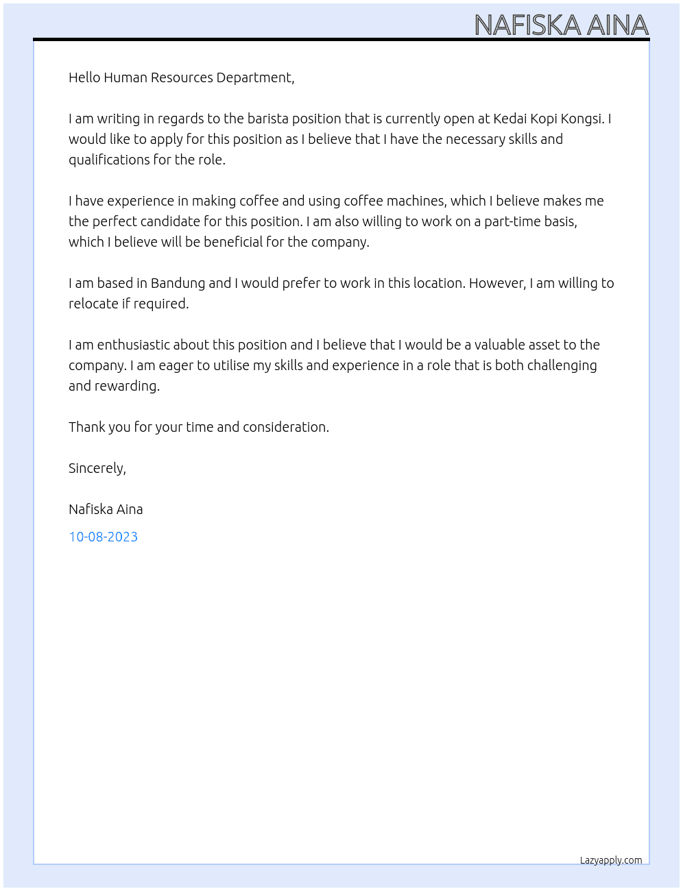 barista At Kedai Kopi Kongsi Cover Letter