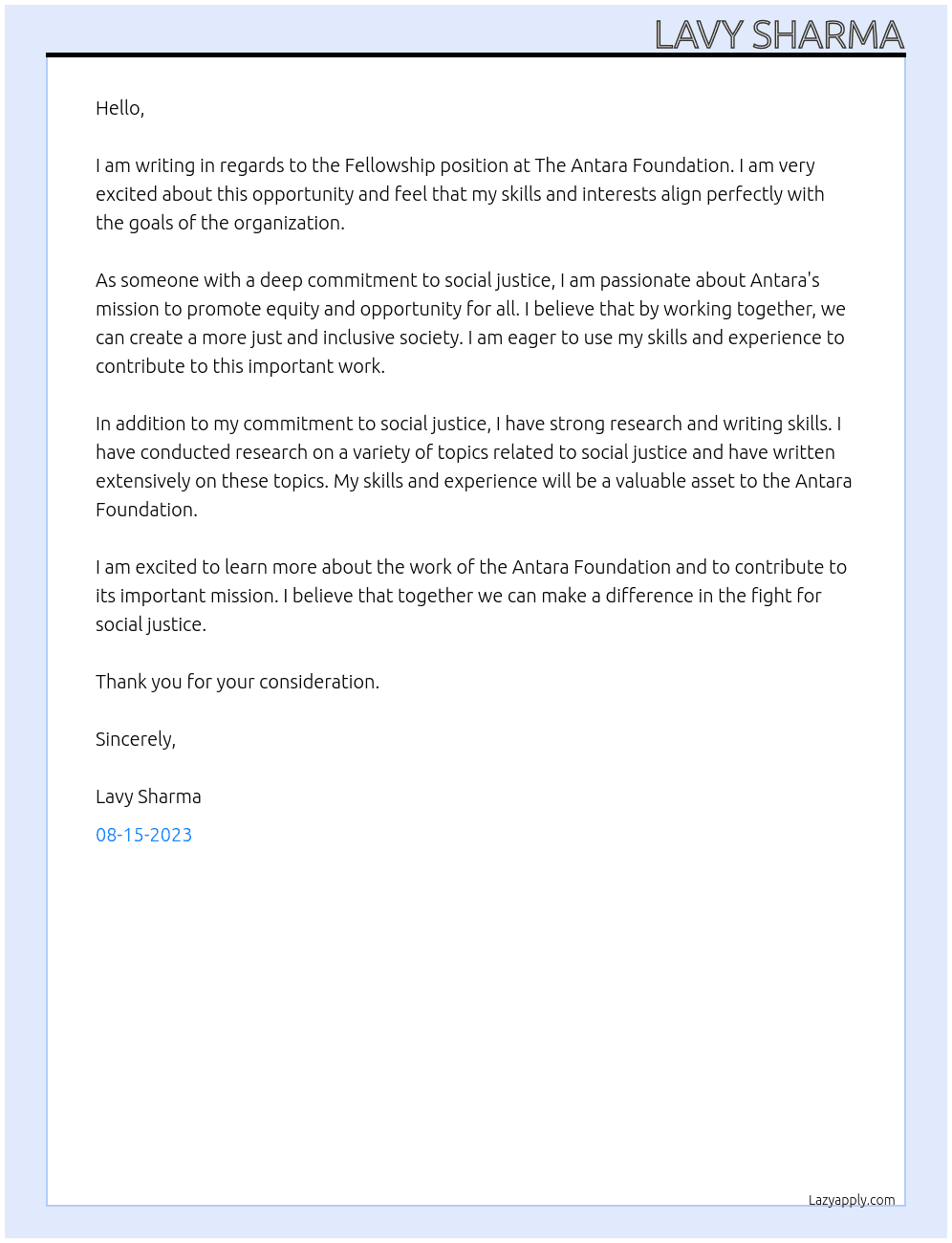 Fellowship At The Antara Foundation Cover Letter
