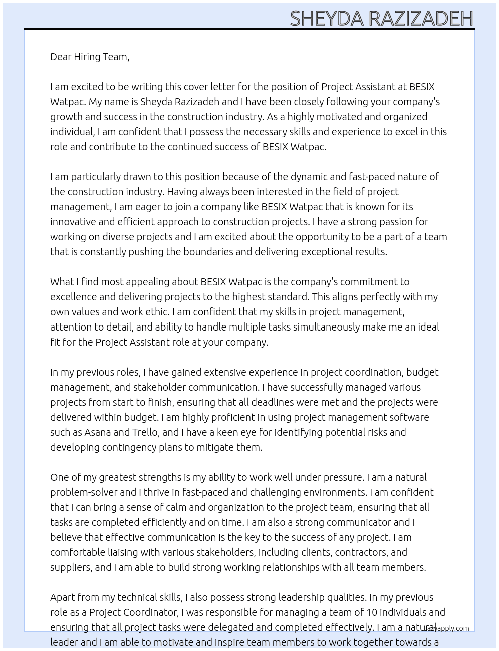 project assistant At BESIX Watpac  Cover Letter