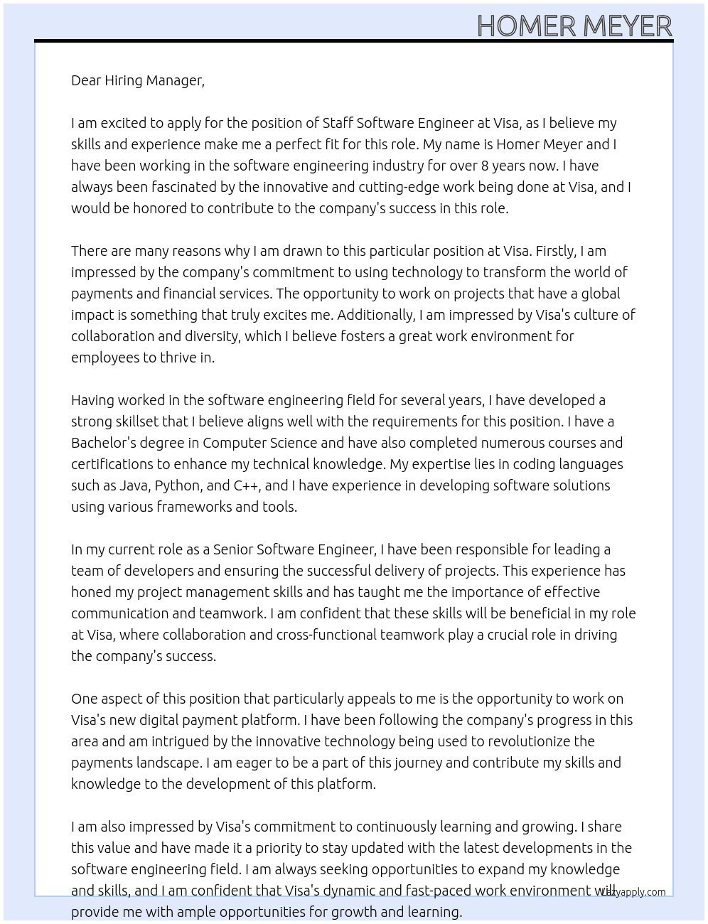 Staff Software Engineer At Visa Cover Letter