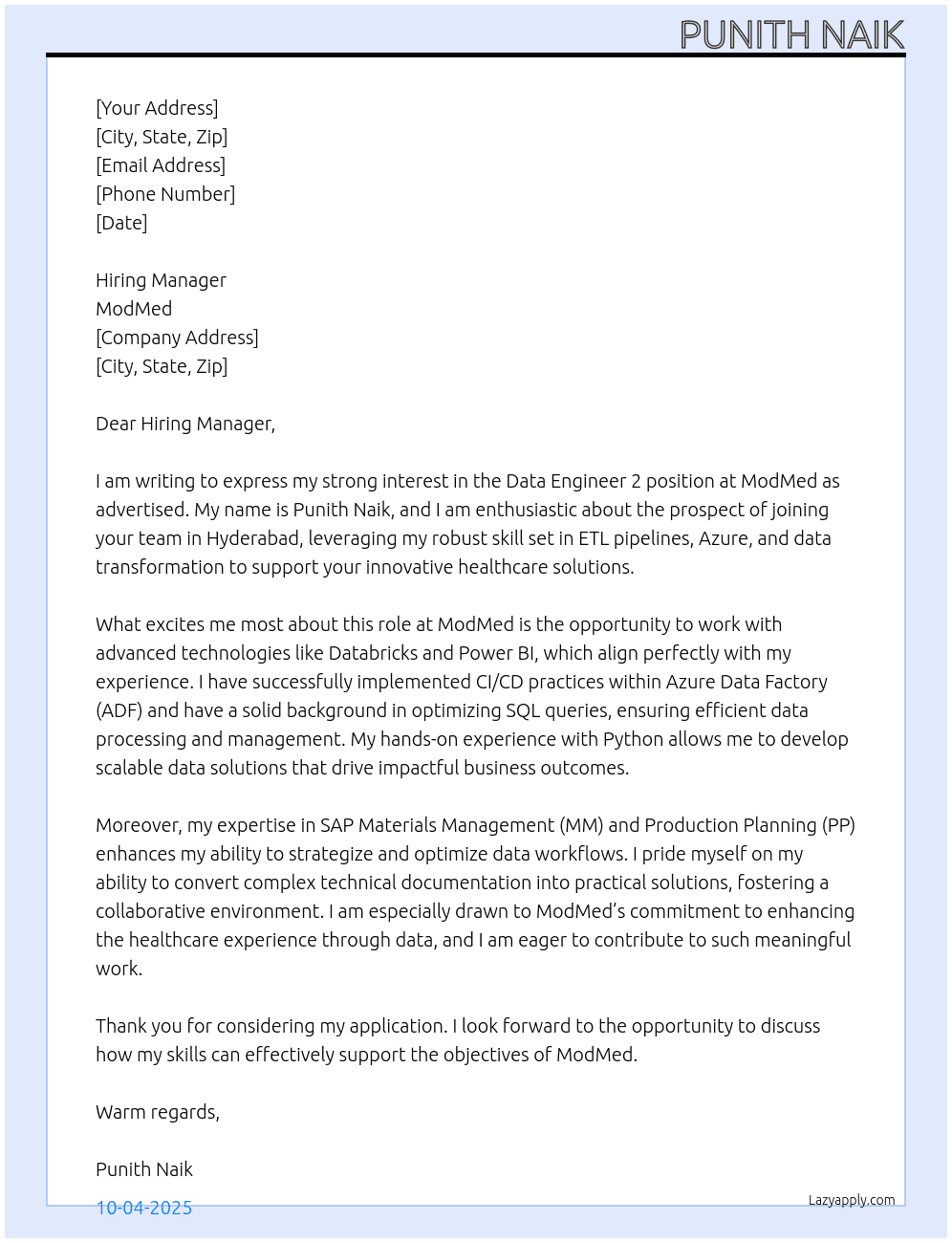  Data Engineer 2 At ModMed Cover Letter