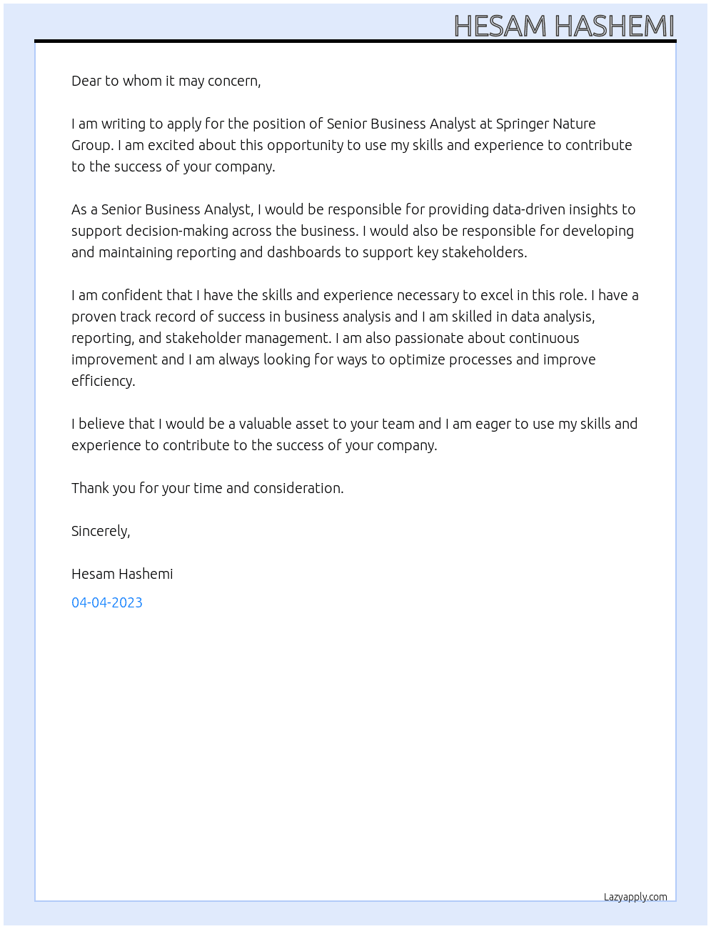 Senior Business Analyst At Springer Nature Group Cover Letter