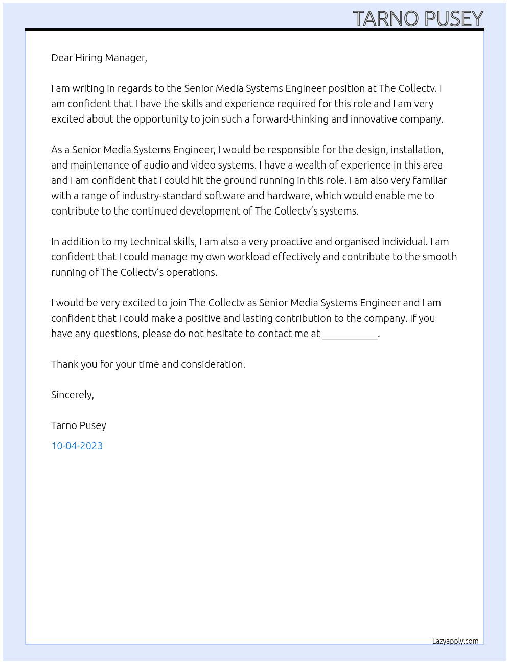 Senior Media Systems Engineer At The Collectv Cover Letter