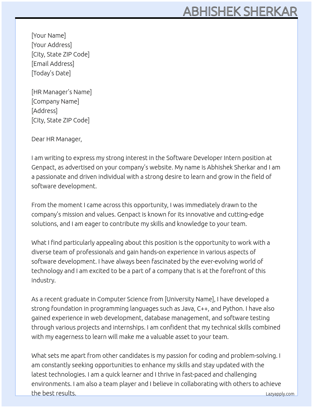 Software Developer Intern At Genpact Cover Letter