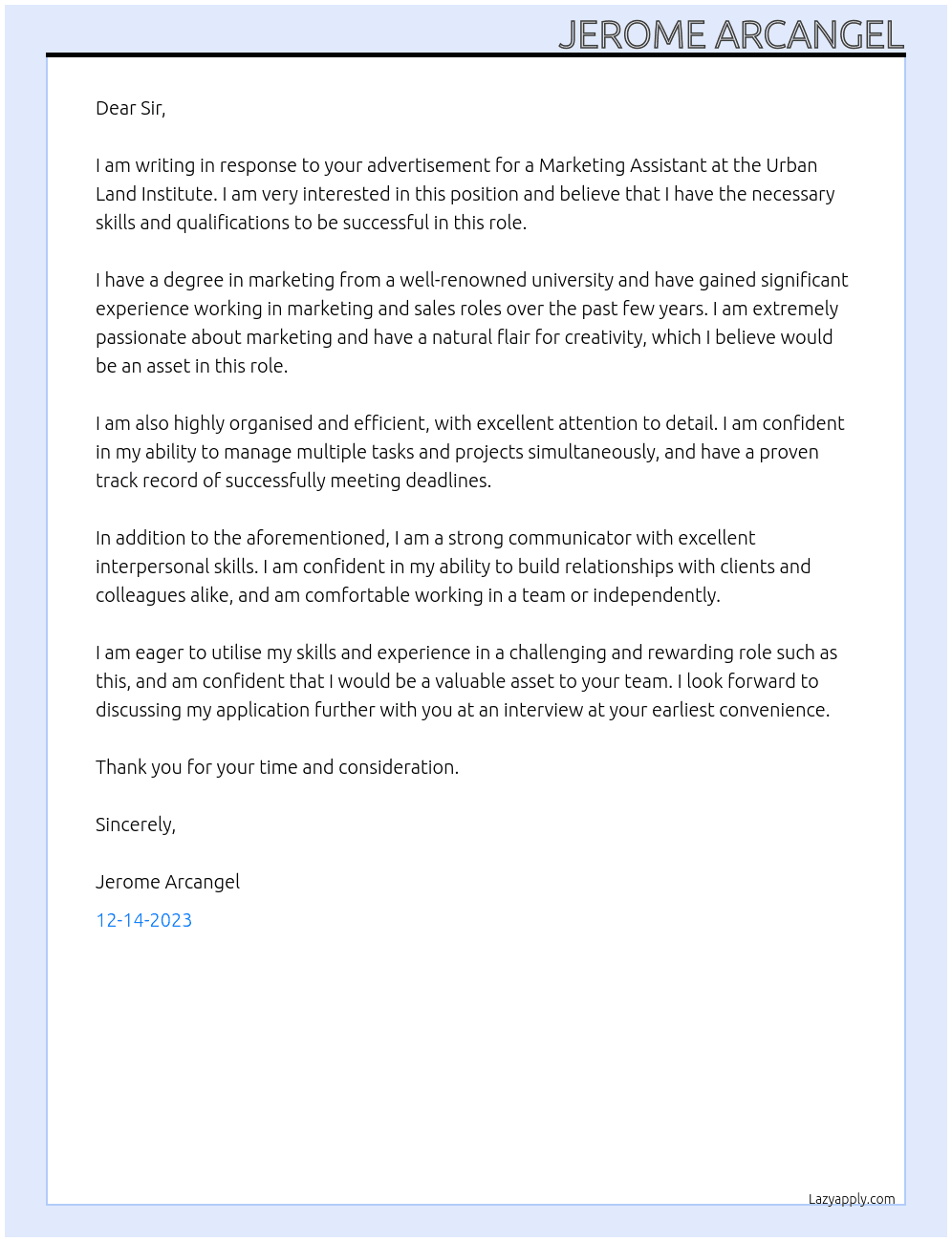 Marketing Assistant At Urban Land Institute Cover Letter