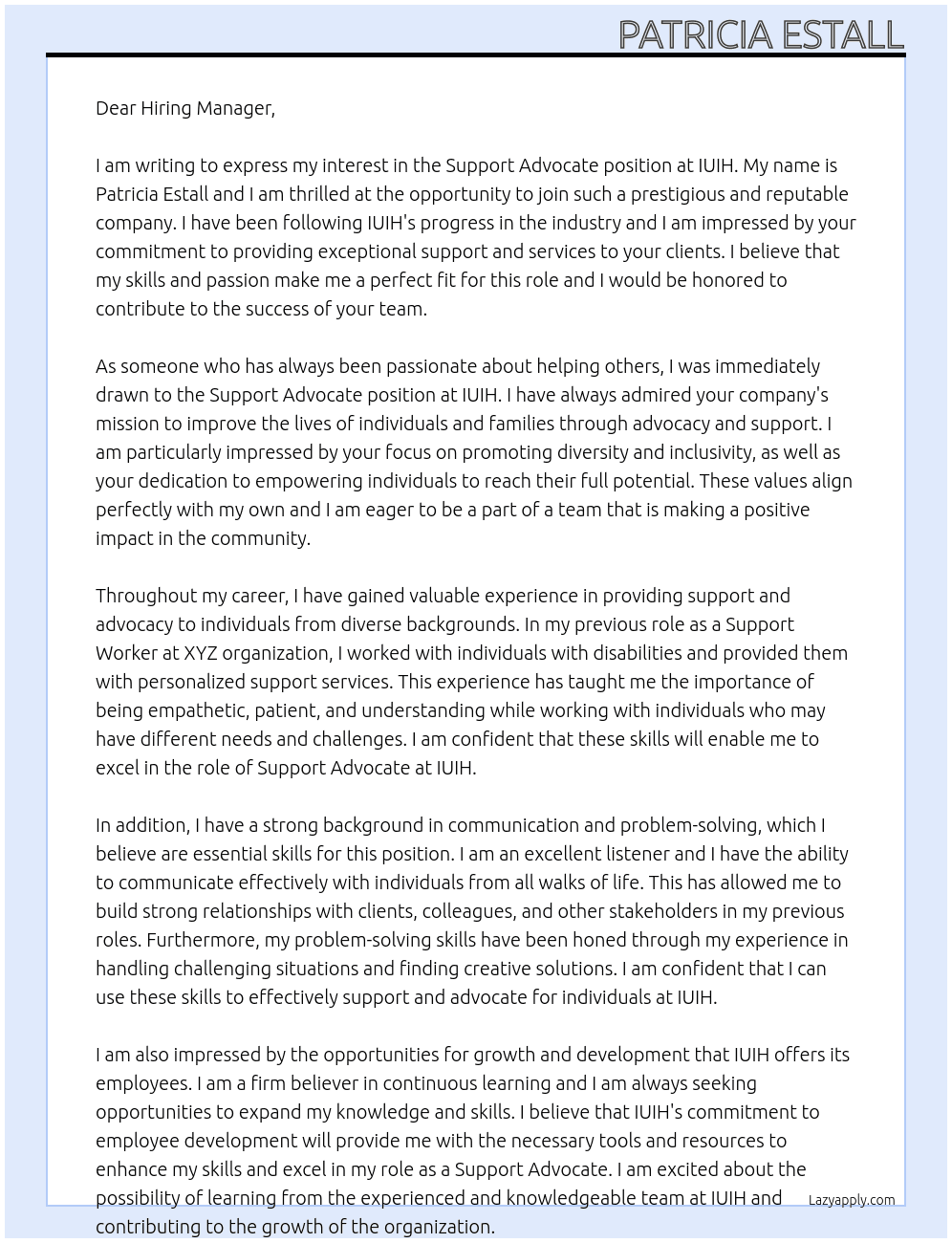 Support Advocate At IUIH Cover Letter