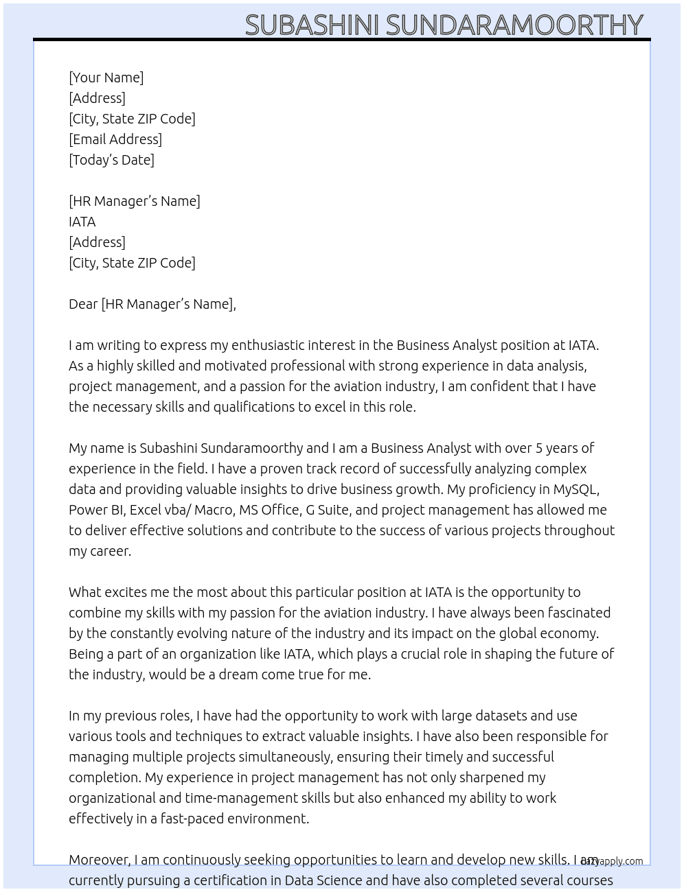 Business Analyst  At IATA  Cover Letter
