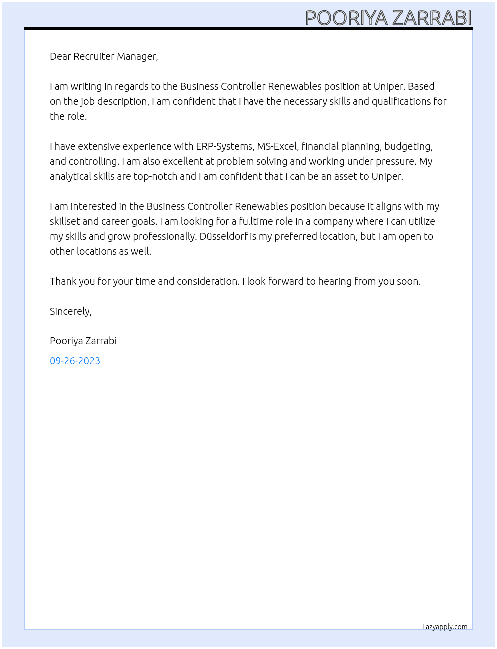 Business Controller Renewables At Uniper Cover Letter