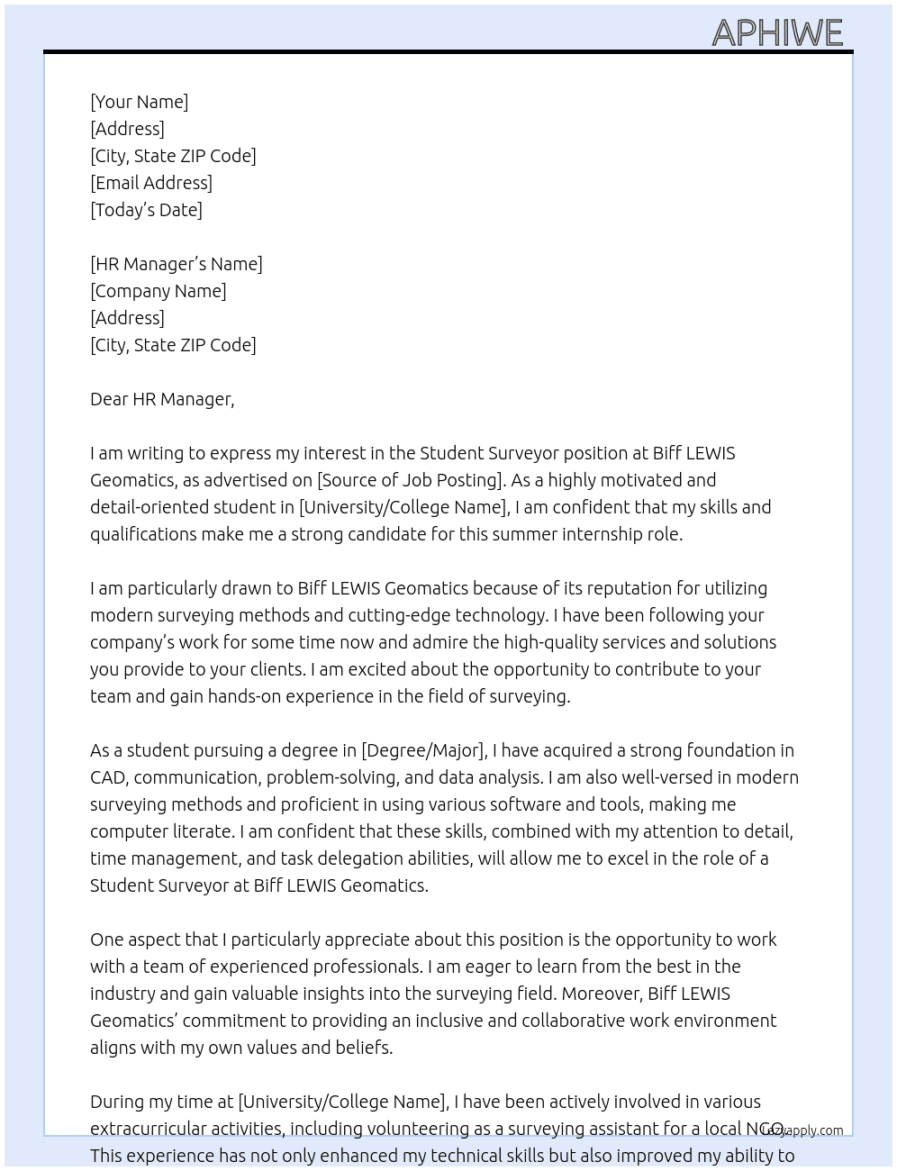 Student Surveyor At Biff LEWIS Geomatics Cover Letter