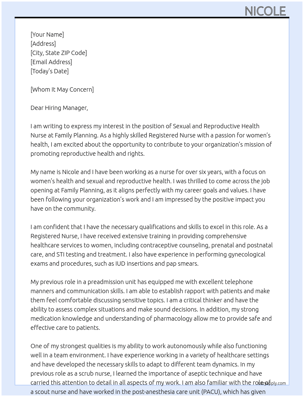 Sexual and reproductive health nurse  At Family Planning  Cover Letter