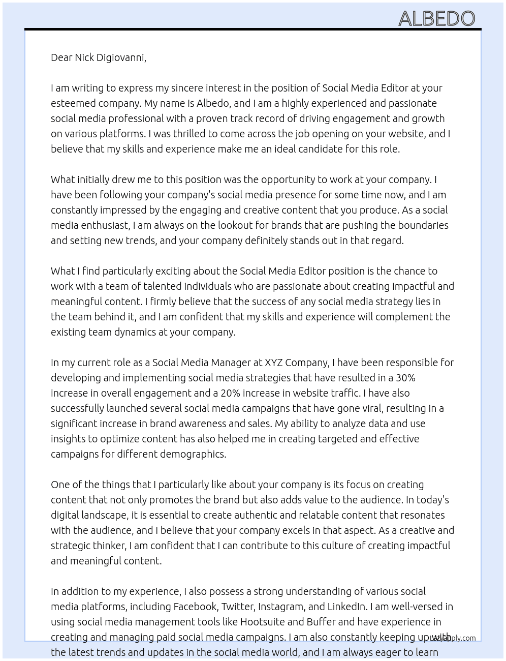 Social Media Editor  At Nick Digiovanni  Cover Letter