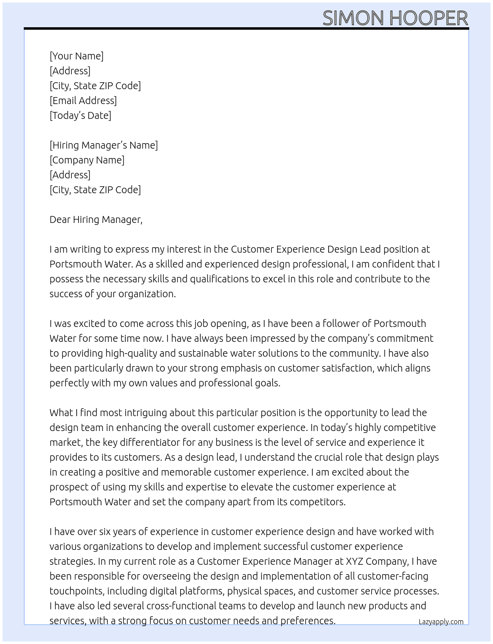 Customer Experience Design Lead At Portsmouth Water Cover Letter