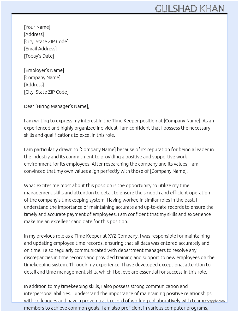 Time keeper  At Company  Cover Letter