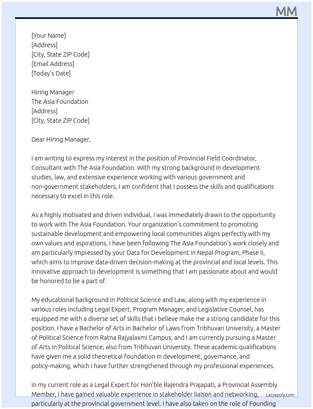Provincial Field Coordinator, Consultant At The Asia Foundation Cover Letter