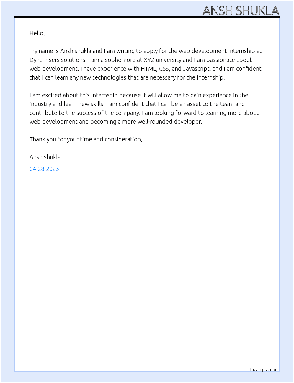 Web development internship At Dynamisers solutions Cover Letter
