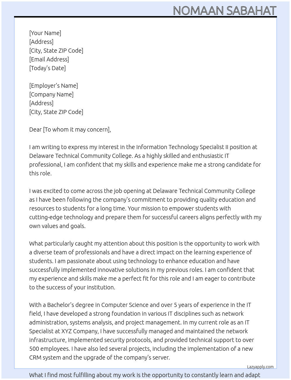 Information Technology Specialist II At Delaware Technical Community College Cover Letter