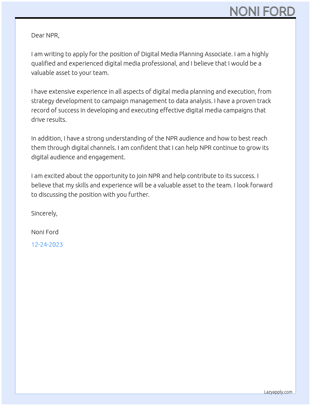 Digital Media Planning Associate At NPR Cover Letter