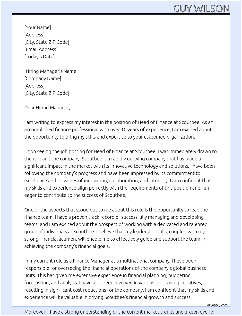 Head of Finance At Scoutbee Cover Letter