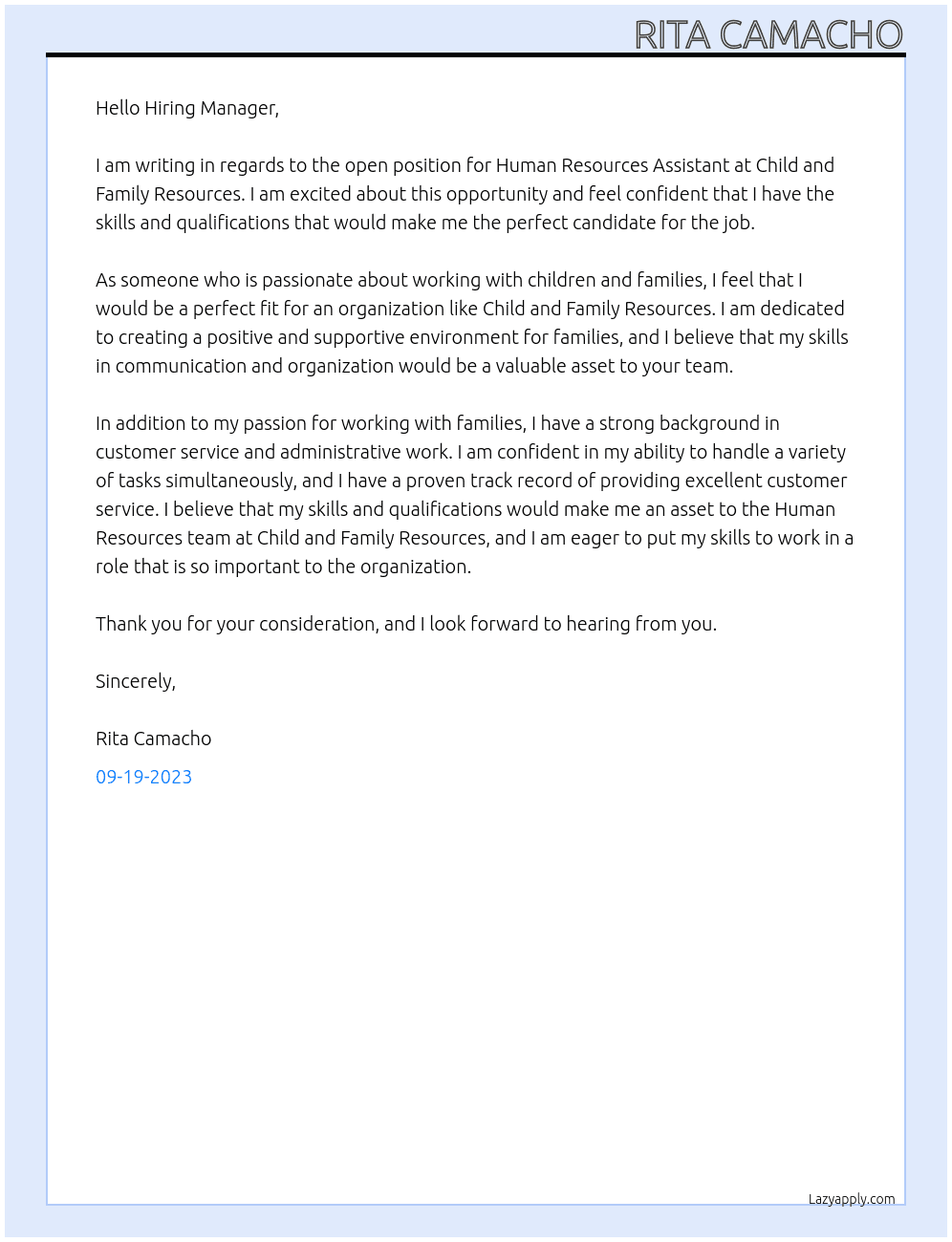 Human resources assistant At Child and Family Resources Cover Letter