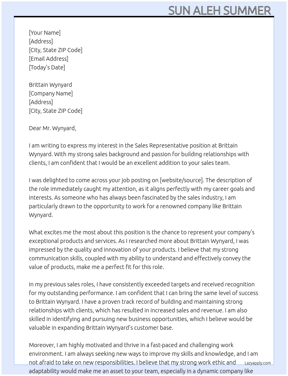 Sales Representative At Brittain Wynyard Cover Letter