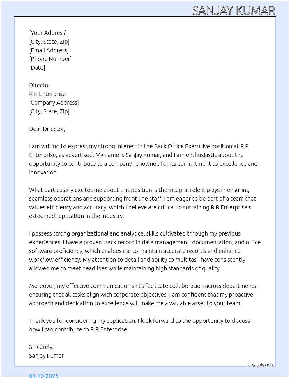 back office executive At R R ENTERPRISE Cover Letter