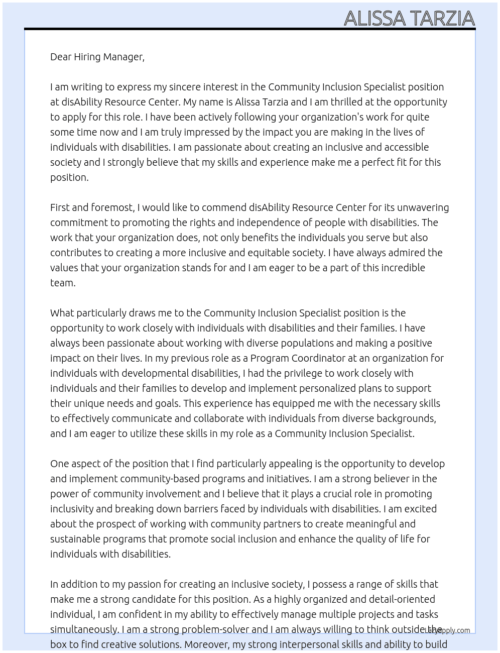 Community Inclusion Specialist  At disAbility Resource Center Cover Letter