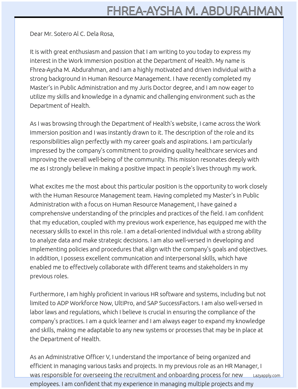Work Immersion At Department Of Health Cover Letter
