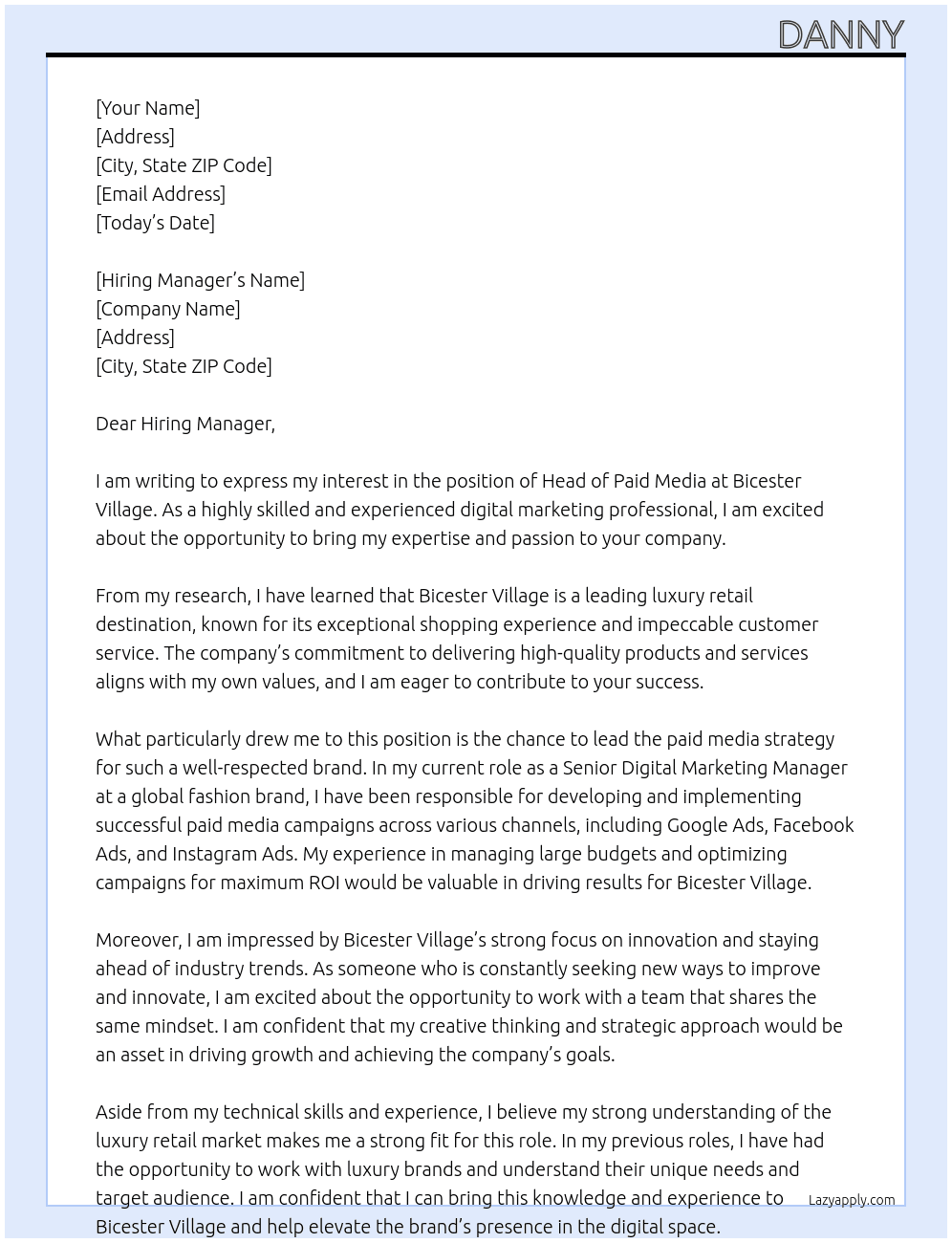Head of Paid Media At Bicester Village Cover Letter