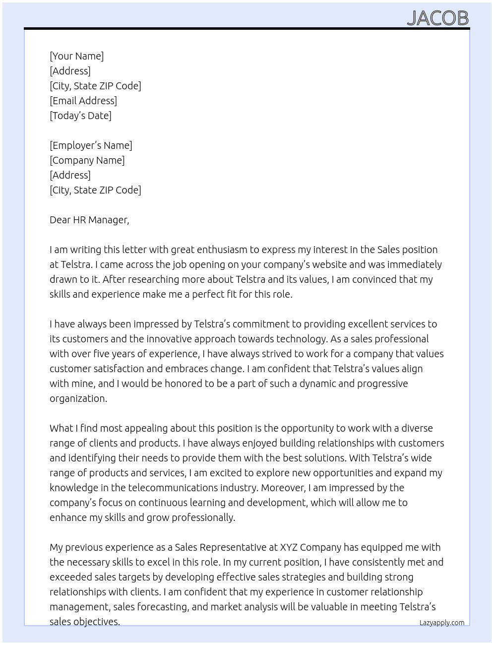 Sales At Telstra Cover Letter