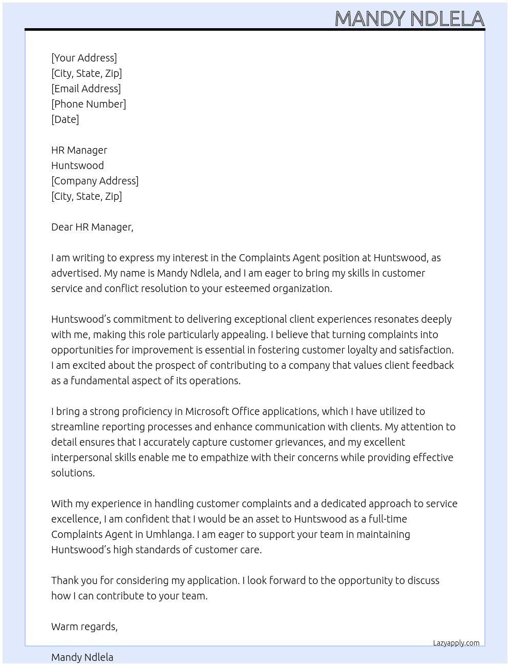 Cover letter for complaints agent - LazyApply