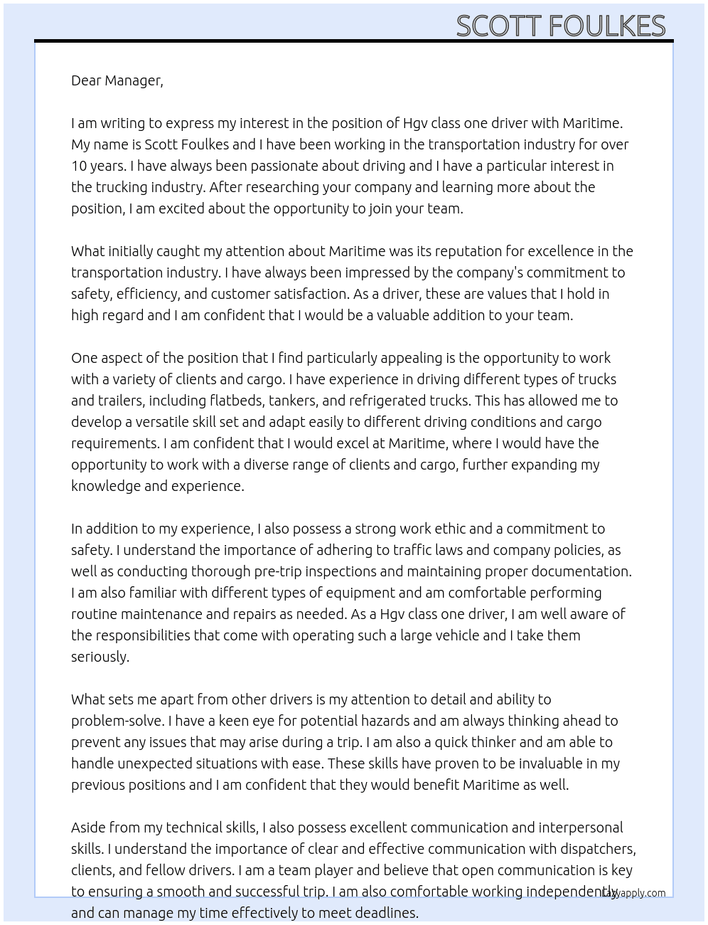 Hgv class one driver  At Maritime Cover Letter