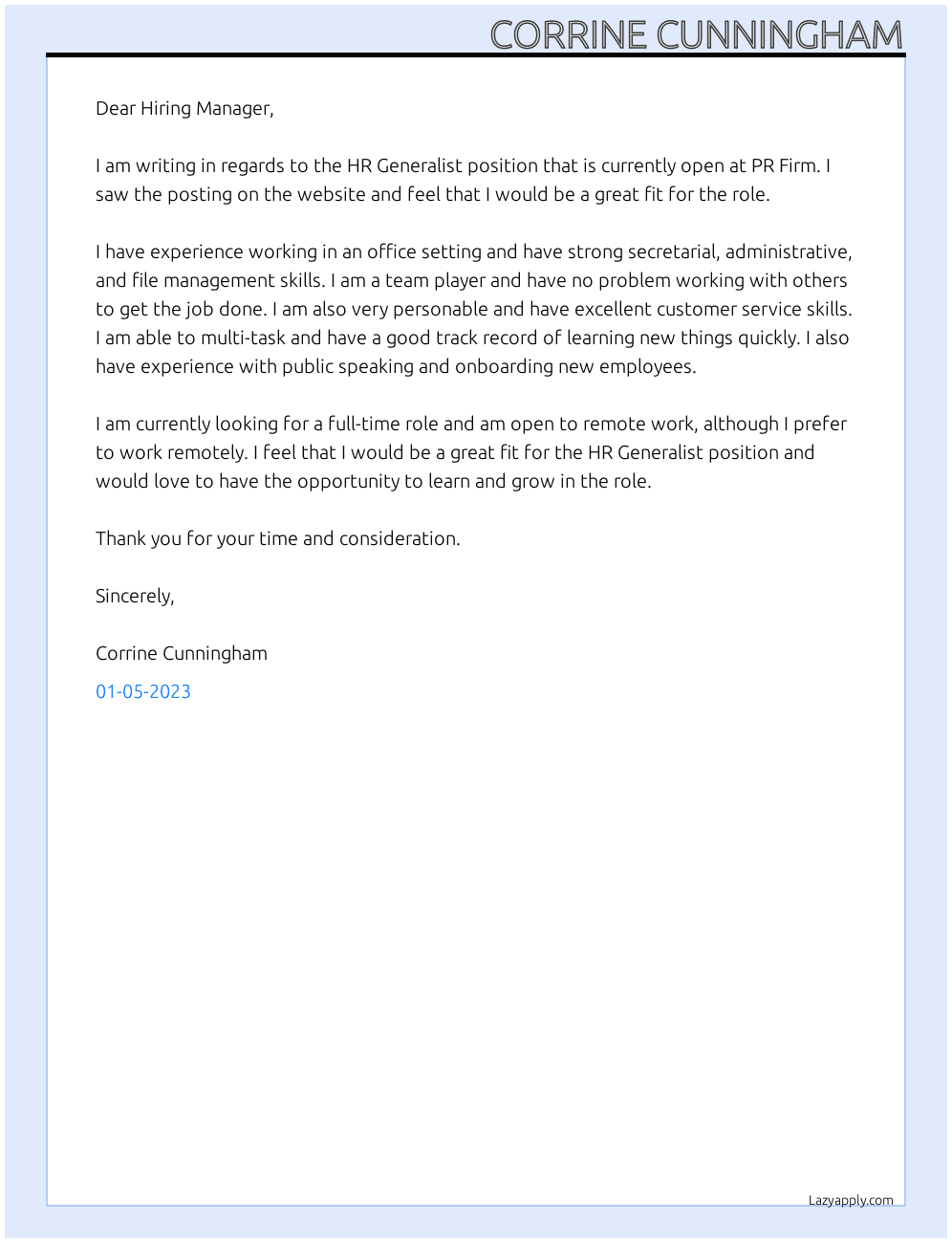 HR Generalist (Entry Level Role) At PR Firm Cover Letter