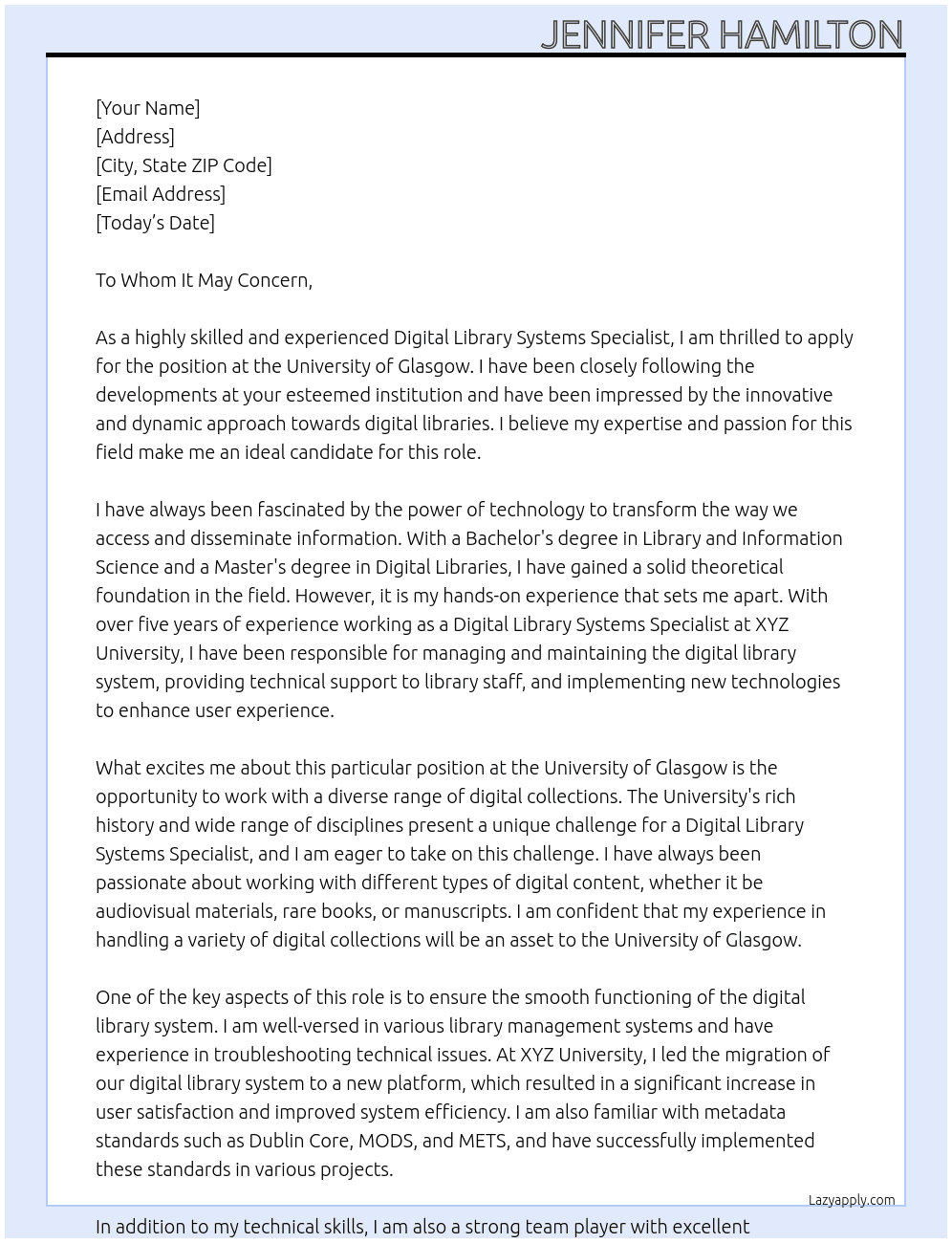 Digital Library Systems Specialist At University of Glasgow Cover Letter