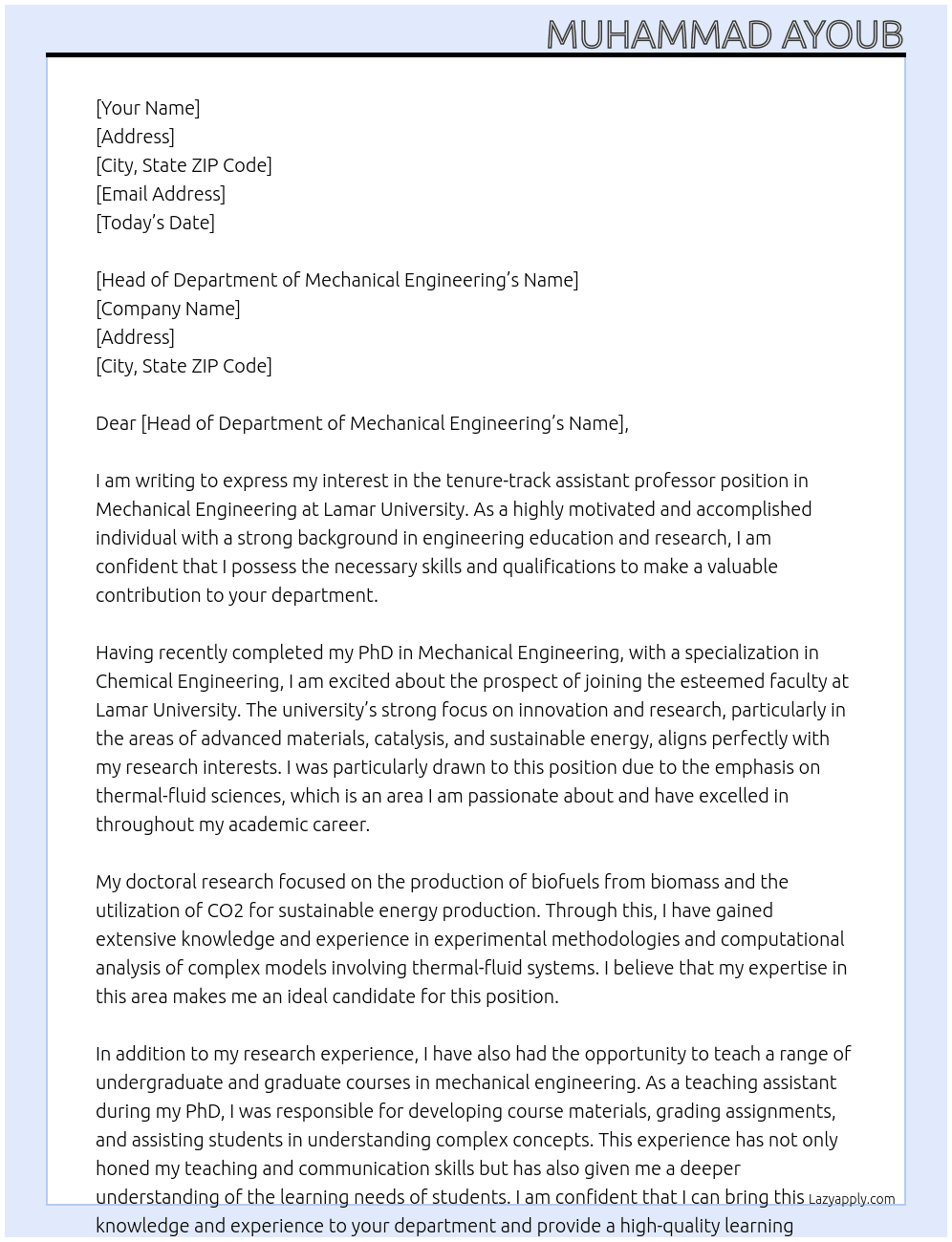 Tenure-track Assistant Professor – Mechanical Engineering At Lamar University Cover Letter