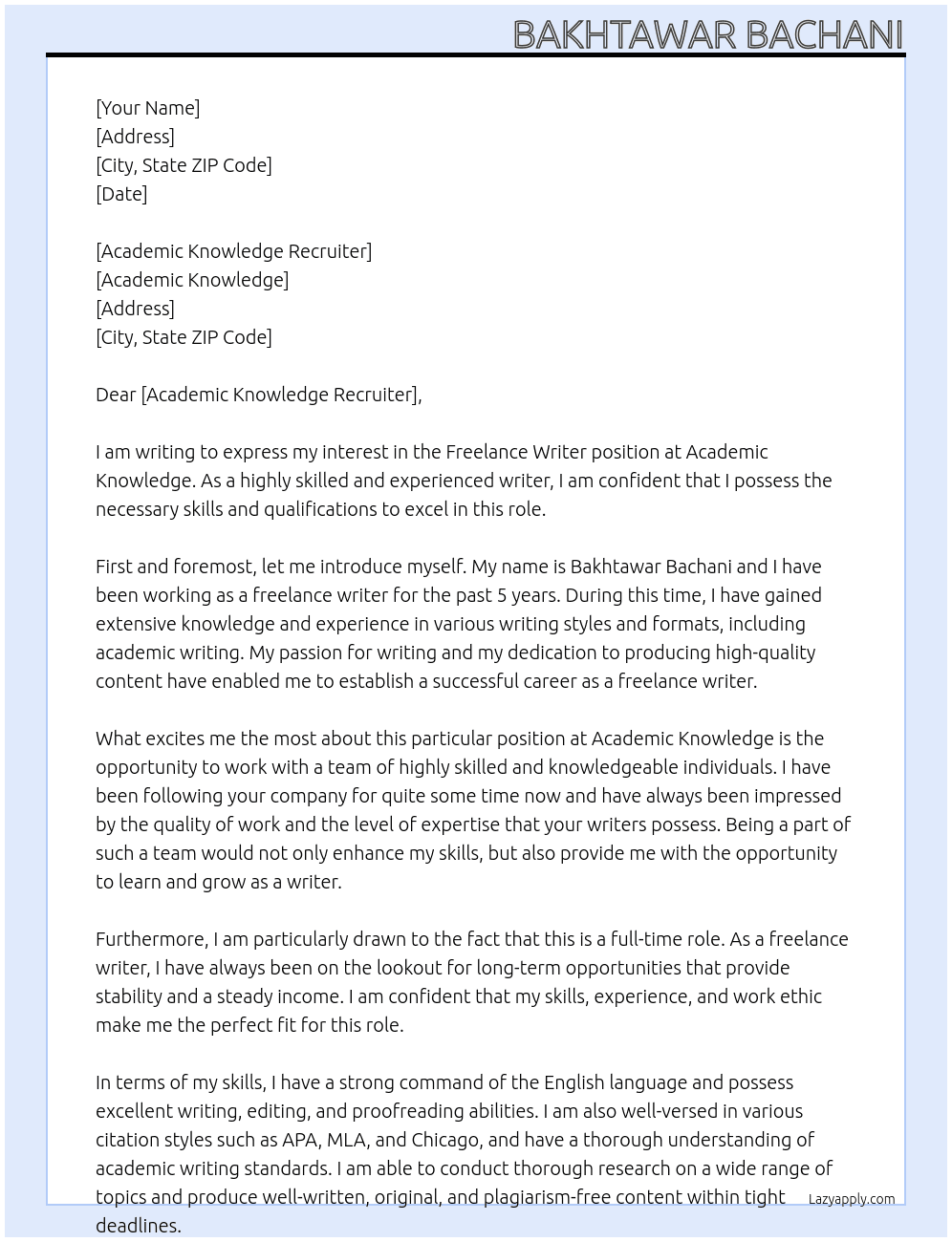 Freelance writer At Academic knowledge  Cover Letter