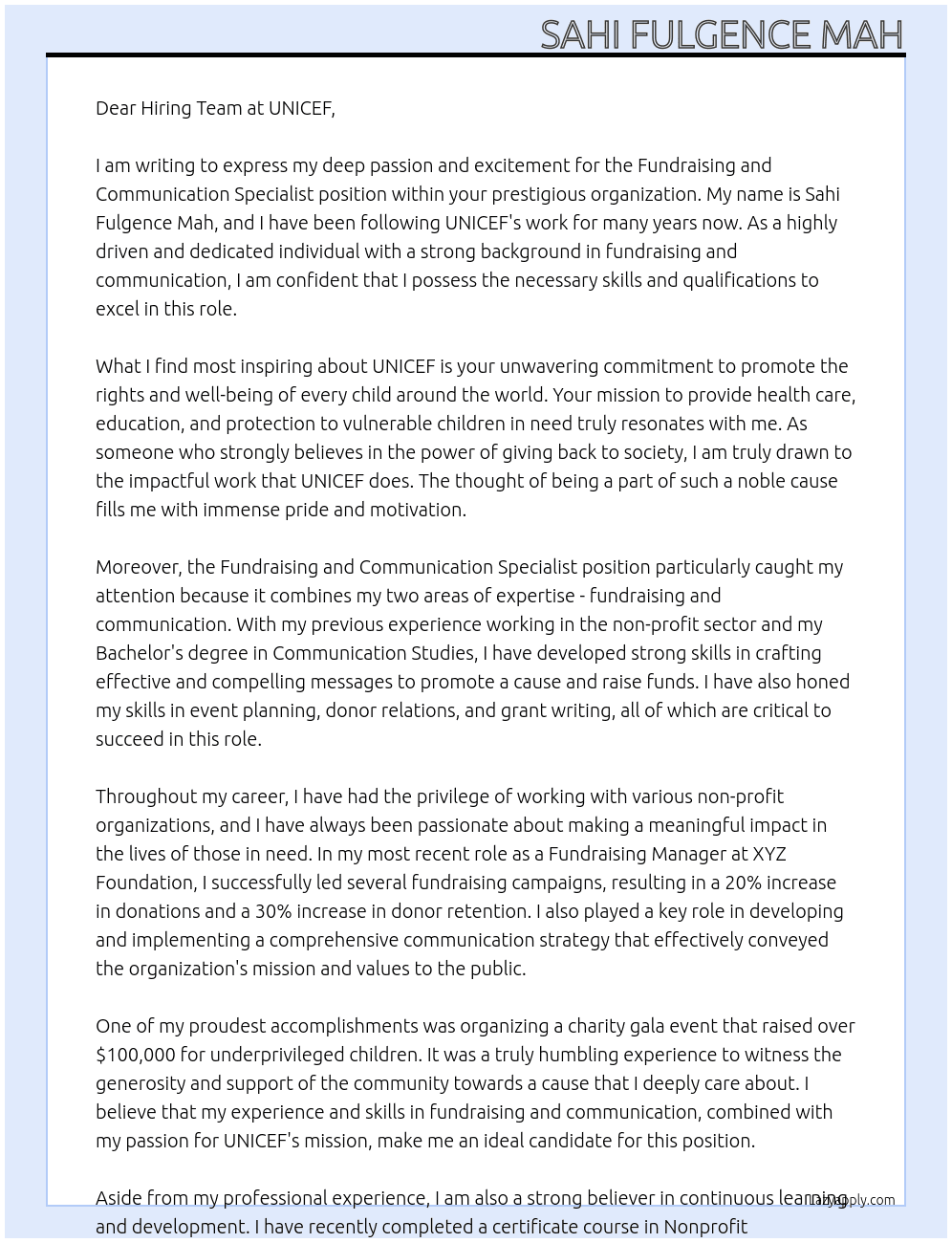 Cover letter for fundraising and communication specialist - LazyApply